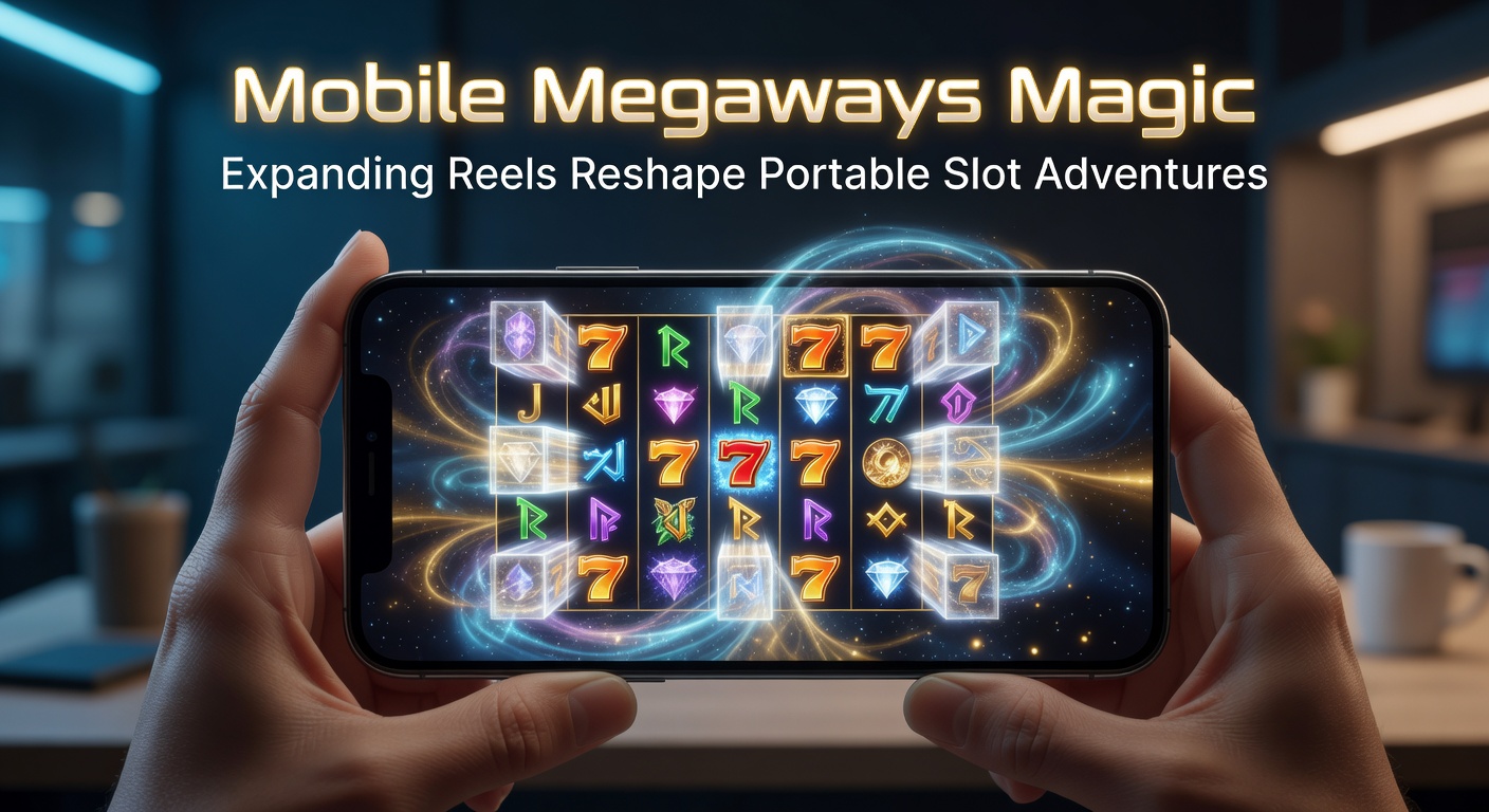 Smartphone-Display mit einem dynamischen Megaways-Slot, bei dem Walzen sich erweitern und Tausende Gewinnlinien aufleuchten